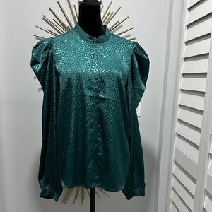 Express Emerald Green Satin Button-Down Blouse